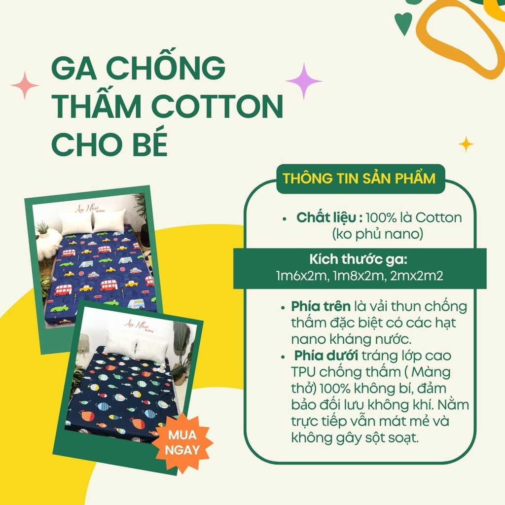 Ga chống thấm cotton cho bé, bọc đệm chống thấm Nano kháng khuẩn An Như Bedding