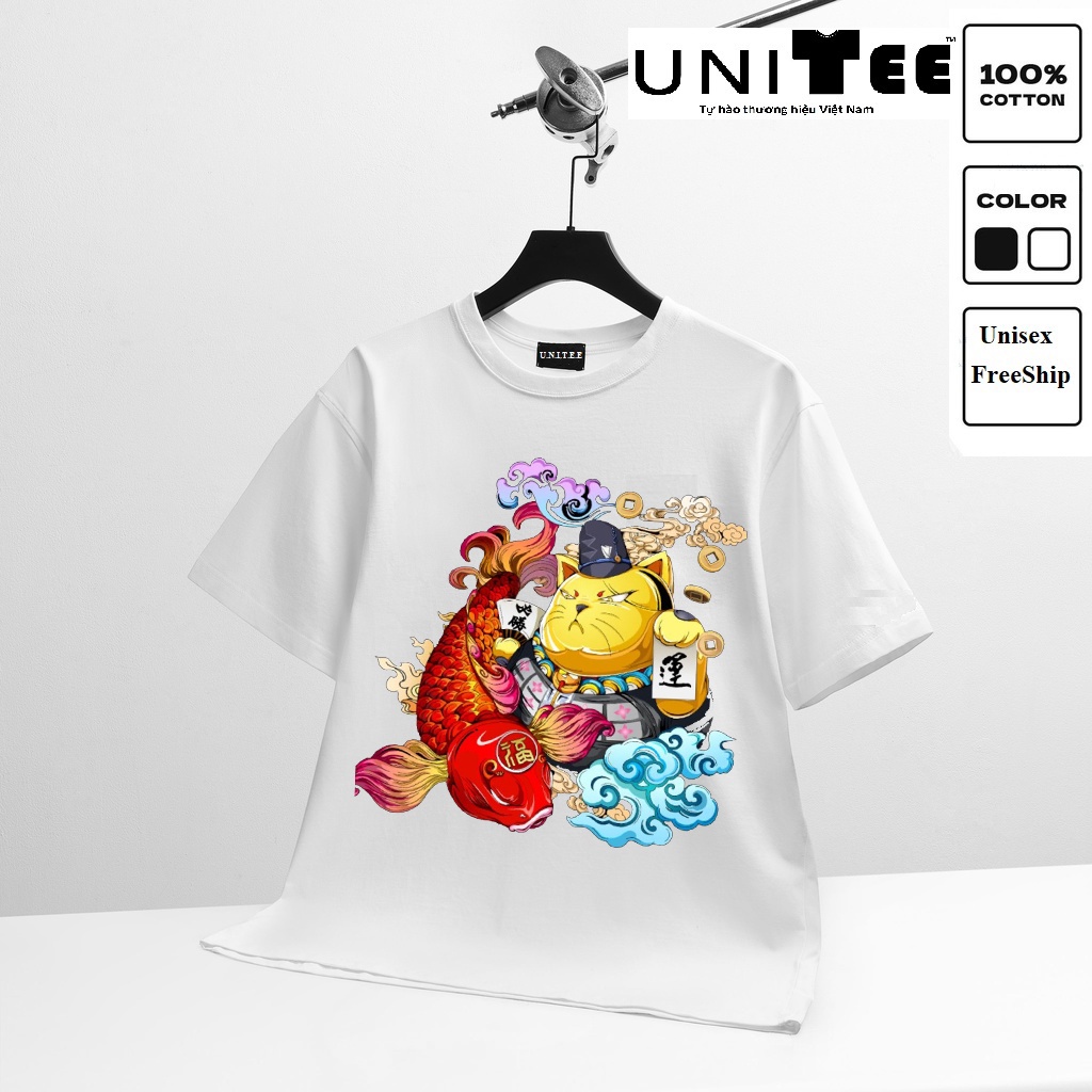 Áo thun tay lỡ Form rộng UT566 ❤️ UniTee ❤️ Áo phông Unisex nam nữ 45-60kg đen trắng in hình Mèo Thần tài FortuneCat | BigBuy360 - bigbuy360.vn