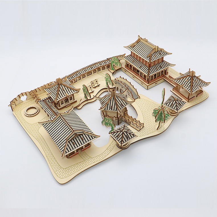 Đồ chơi lắp ráp gỗ 3D Mô hình Nhà vườn Tô Châu Laser - Tặng kèm đèn LED USB trang trí