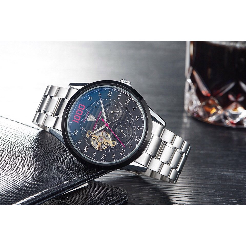 Đồng hồ nam Tevise chính hãng Dây kim loại Mặt lộ máy chính xác từng Milli Giây + Tặng hộp đồng hồ sang trọng (Đỏ / Đen)