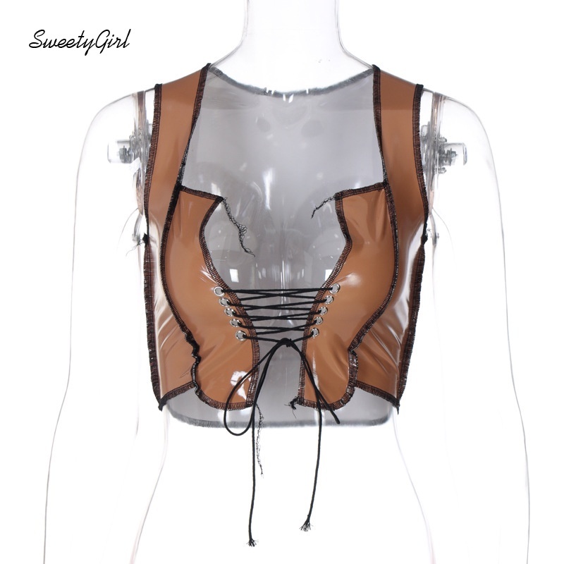 Áo Tank Top Da Pu Dáng Ôm Cắt Sâu Màu Tương Phản Thời Trang Quyến Rũ Cho Nữ