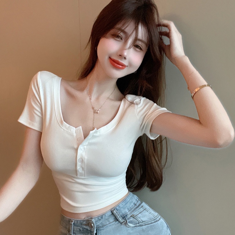 Áo Thun Tay Ngắn Cổ Vuông Màu Sắc Ngọt Ngào Thời Trang Cho Nữ