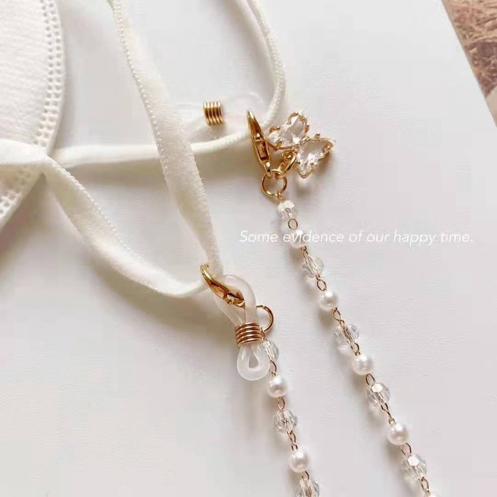 Dây Đeo Mắt Kính Xỏ Hạt acrylic Mặt Hình Bướm Hoạt Hình Tươi Mới Phong Cách Hàn Quốc Kèm Mặt Nạ Tai Nghe