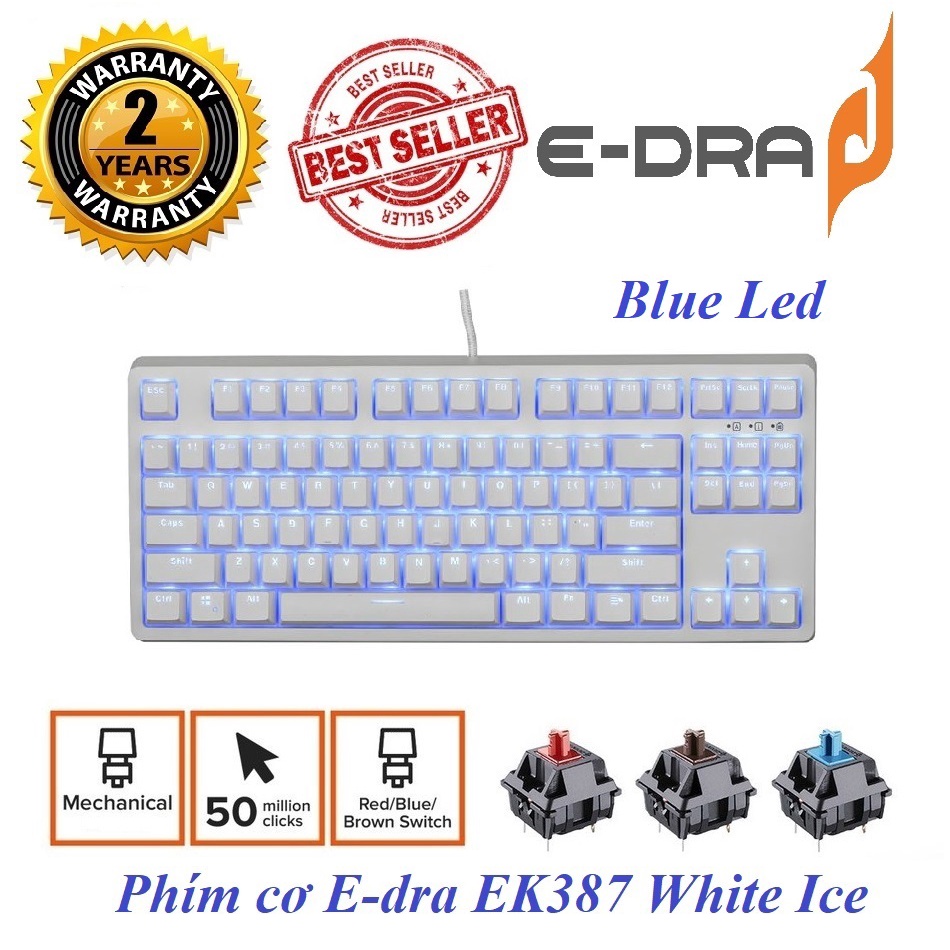 Phím cơ E-Dra EK387 White Ice case trắng/ led xanh cực chất version 2021 (Blue/ Brown/ Red Switch) BH 2 năm