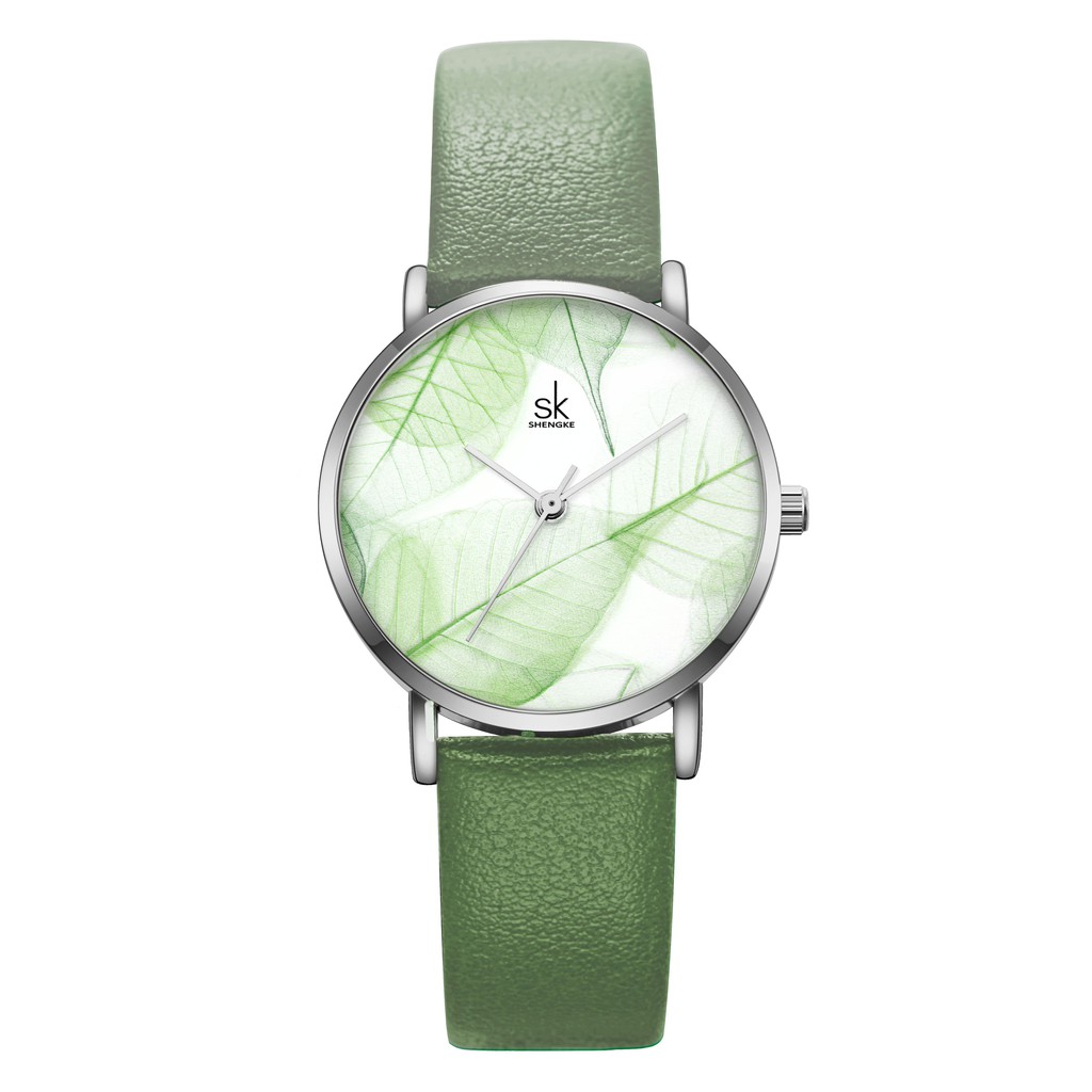 Đồng hồ đeo tay nữ SHENGKE dây da xanh thảo nguyên