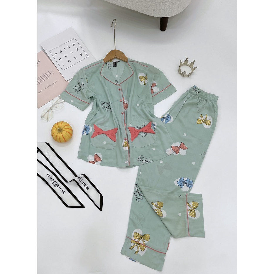 Bộ lanh quần dài 2 túi nơ hàng VNXK