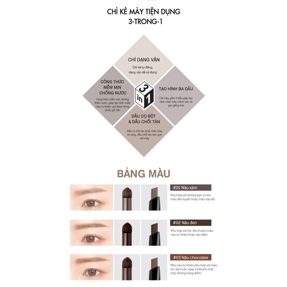 Chì Kẻ Mày Đa Năng 3 In 1 Bom Triple Edge Eye Brow