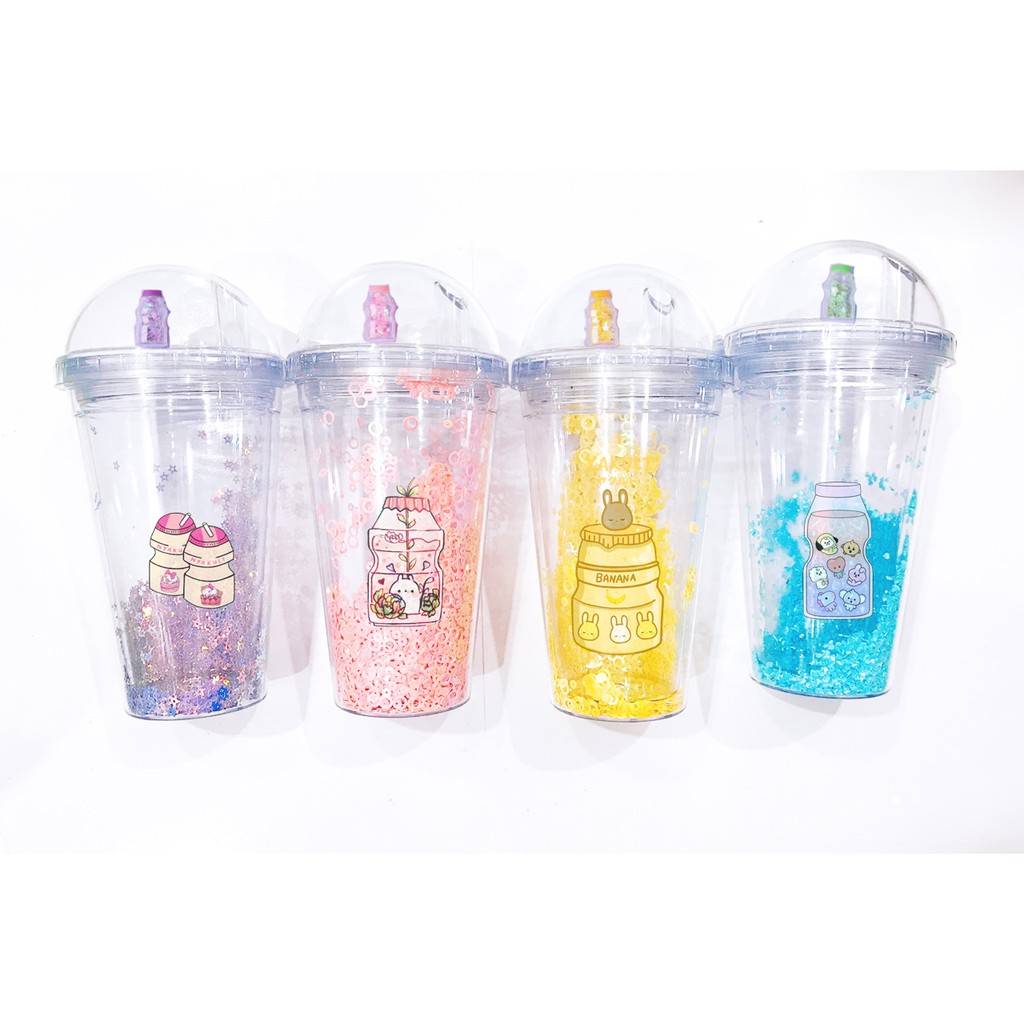 cốc 2 lớp kim tuyến yakult khủng long nắp cầu CNCKI26 cốc giữ nhiệt ly 2 lớp nắp cầu cốc làm lạnh dễ thương 500ml