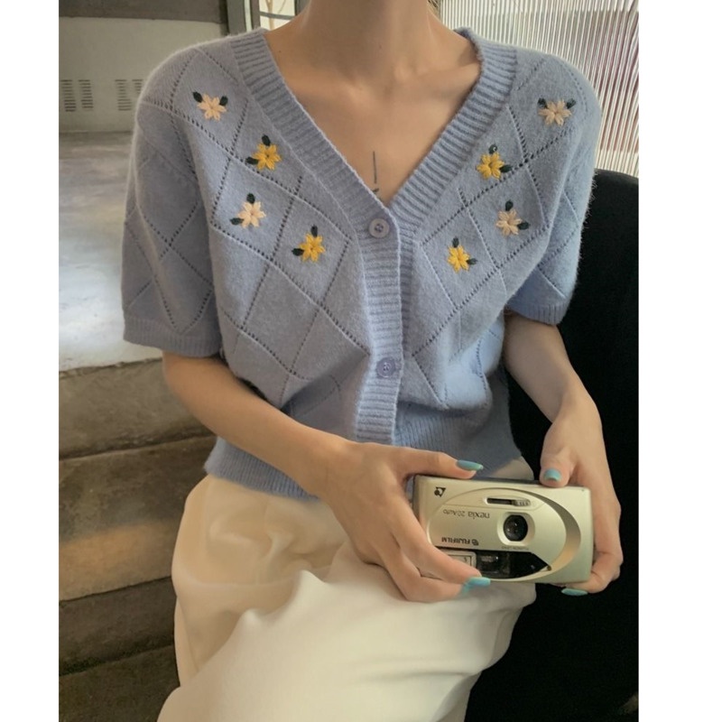 Áo Sweater Ngắn Tay Thêu Họa Tiết Thanh Lịch 185475 Áo Kiểu Cổ Chữ v Phong Cách Retro Xinh Xắn Cho Nữ