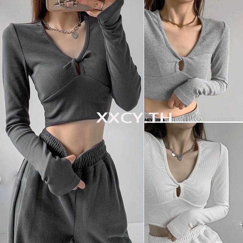 Áo Sơ Mi Ngắn Tay Dài Cổ Chữ V Eo Cao Màu Trơn Phong Cách Retro Dành Cho Nữ áo thun nữ dài tay