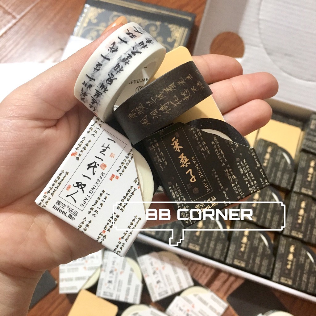 Full cuộn washi tape chữ Trung màu trắng/đen dùng trong trang trí sổ bullet journal hoặc tranh vẽ màu nước