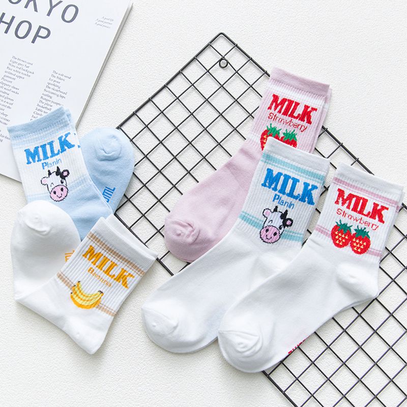 Youyo Set 5 Đôi Vớ Thể Thao Cotton Mềm Mại Cổ Thấp In Họa Tiết Sữa Chuối / Dâu Tây Dành Cho Nữ