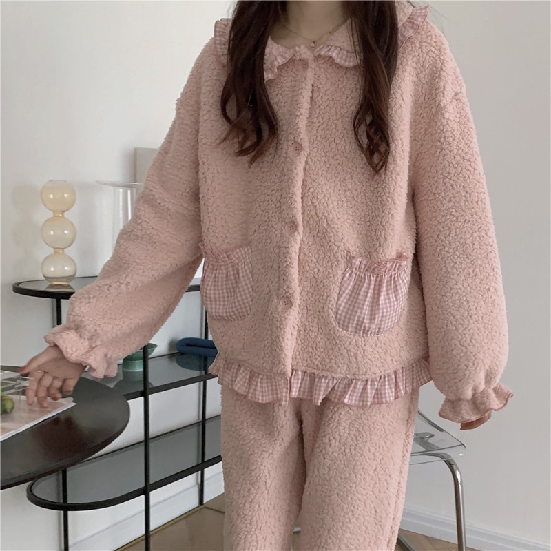 Set bộ lông nữ áo lông dài tay cổ sen viền caro mix quần lông cạp chun freesize