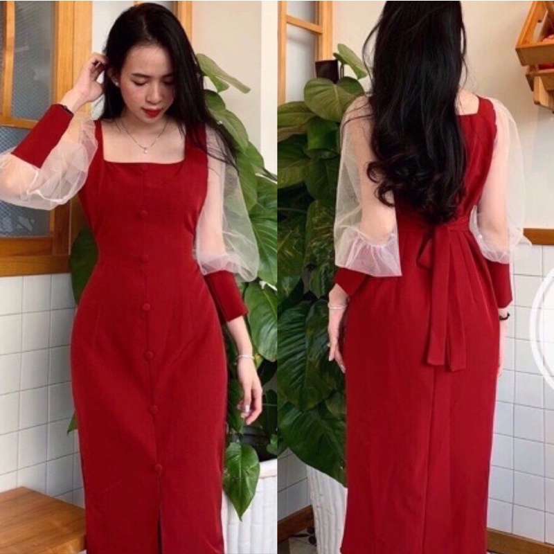 Đầm Đỏ Dáng Dài Tay Phồng
