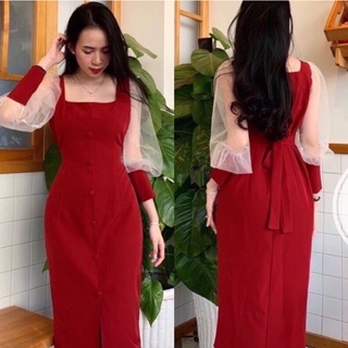 Đầm đỏ dáng dài tay phồng