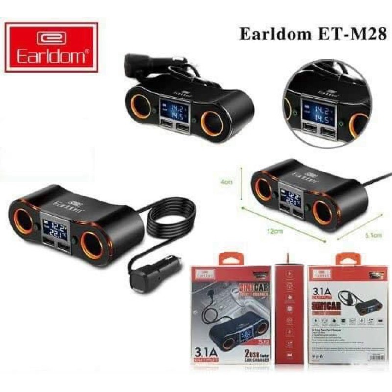 Chia Tẩu Sạc Earldom M28 thành 2 cổng cắm tẩu và 2 usb