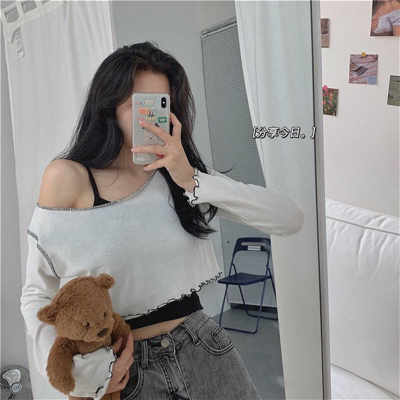 SET CROPTOP LỆCH VAI VIỀN BÈO NỮ - ÁO THUN GIẤY CROPTOP DÀI TAY TRẮNG VIỀN CHỈ MIX ÁO 2 DÂY ĐEN