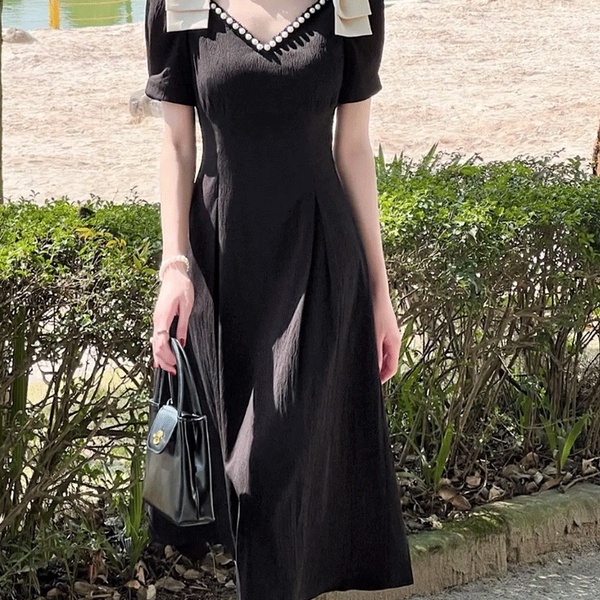 Đầm Đen Dáng Dài Thắt Nơ Phong Cách Pháp Cổ Điển Thời Trang Mùa Hè Xinh Xắn
