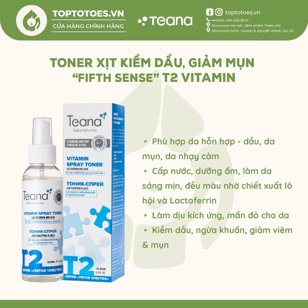 Toner Teana "Fifth Sense" Vitamin Spray cấp nước, kiềm dầu, giảm mụn, chống oxy hóa 125ml