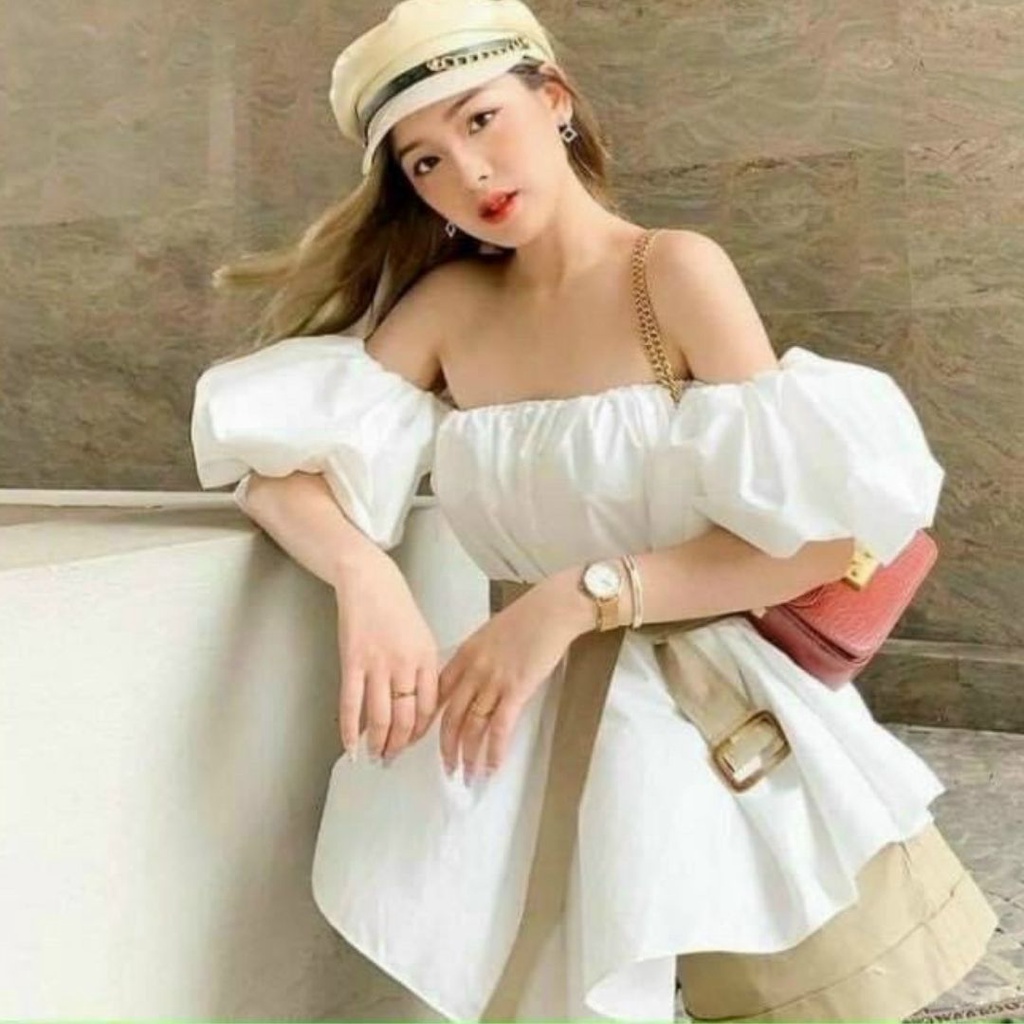 Sét Áo Trễ Vai Tay Phồng Phối Quần Short Rêu Tiểu Thư Áo Rớt Vai Trắng Sang Chảnh Có Thắt Lưng Chất Đẹp