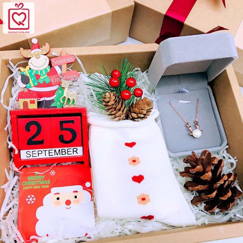 Quà tặng giáng sinh Adorable Christmas - Luv49 gồm dây chuền, lịch gỗ, tất noel nữ, cành thông cherry, thiệp giáng sinh