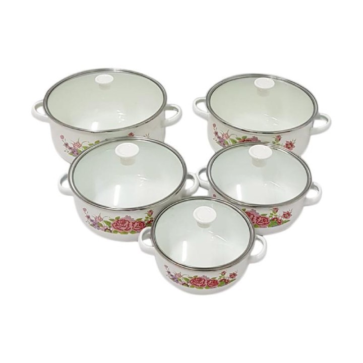 Bộ nồi tráng men chống dính đáy từ nắp kính nấu được mọi loại bếp
