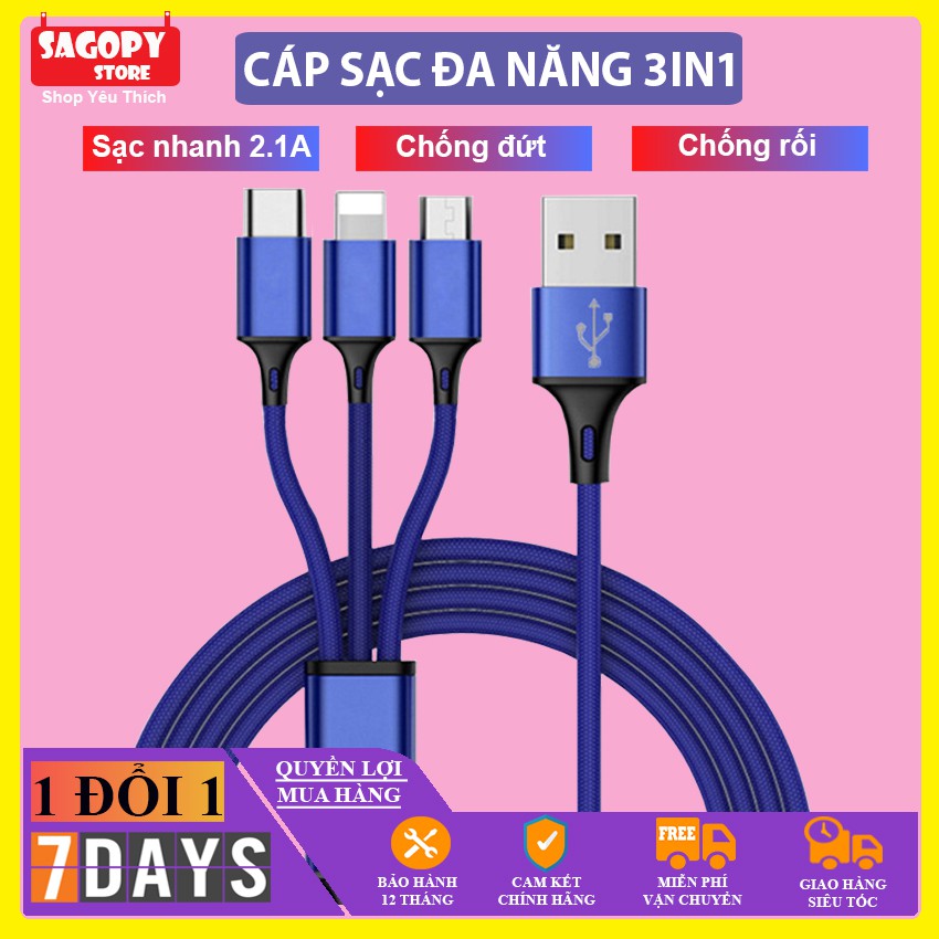 Dây cáp sạc nhanh IP, type c,micro usb android, dây cáp sạc 3 đầu tai nghe bluetooth pin dự phòng giá rẻ Sagopy