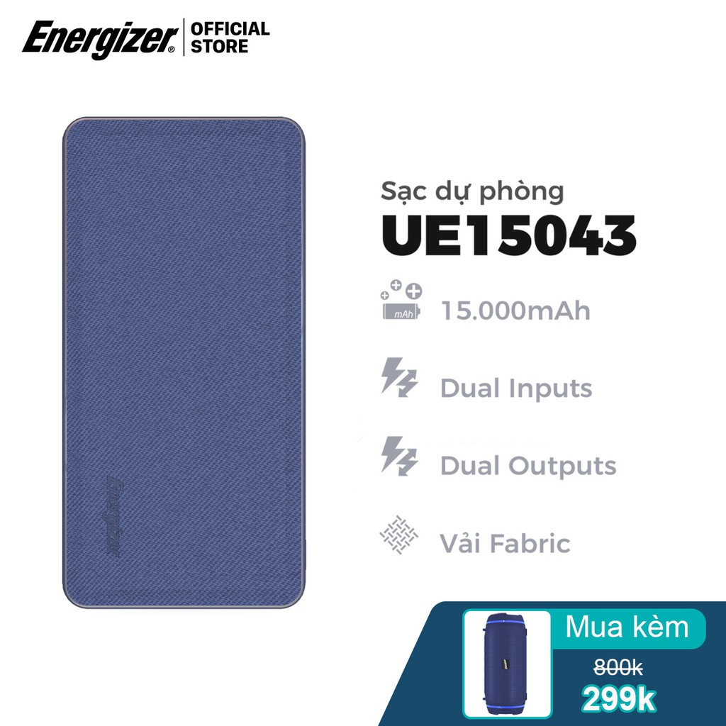 Sạc dự phòng Energizer 15000mAh UE15043 - thiết kế bọc Fabric độc đáo, tích hợp 2 cổng output tiện lợi - Hàng chính hãng