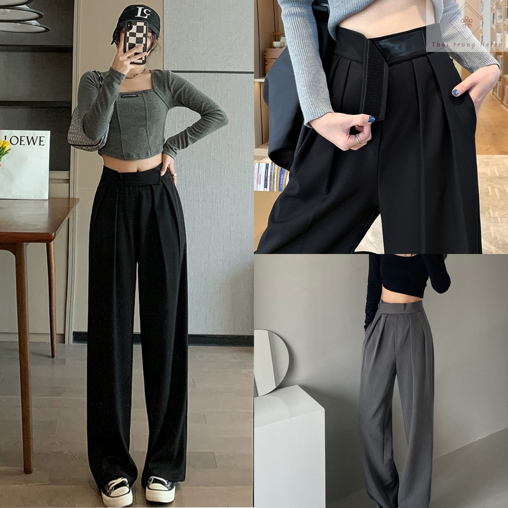 Quần tây nữ ống rộng lưng cao cạp dán dáng xuông đứng dài vải đen mềm Quần ống rộng suông nữ khóa trước đi học công sở