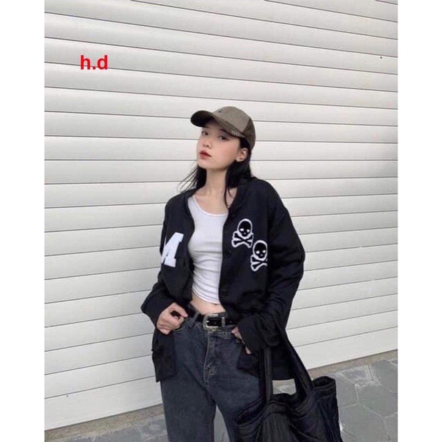 áo cadigan chữ M đầu lâuchât nỉ bông có cúc dọc khoác nam nữ thu đôngphong cách hàng quốc