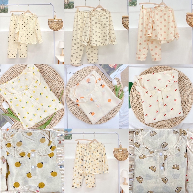 [ ẢNH THẬT ] Pijama xốp đũi Hàn cổ viền bèo/cổ nút tay bo hoạ tiết xinh xắn. Bộ ngủ nữ hoạt hình dễ thương ( Pyjama )