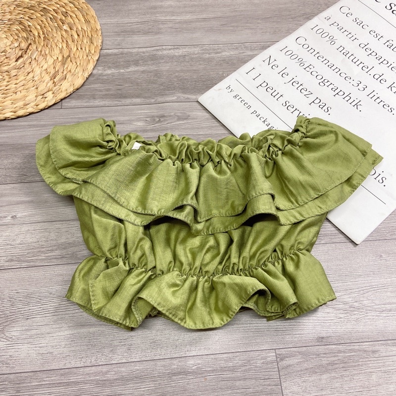 Áo 2 Dây Trễ Vai Chun Ngực Bèo Tầng Dáng Croptop Chất Đũi Màu Xanh Áo Hở Vai Cúp Ngực