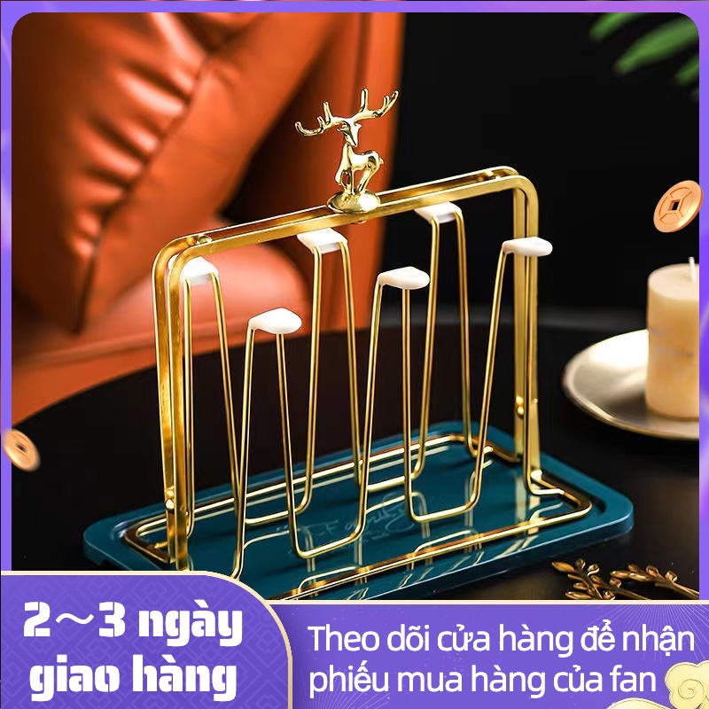 Giá úp cốc, Khay Úp Cốc đầu hươu mạ vàng sang chảnh, xịn sò có đĩa hứng nước tiện lợi