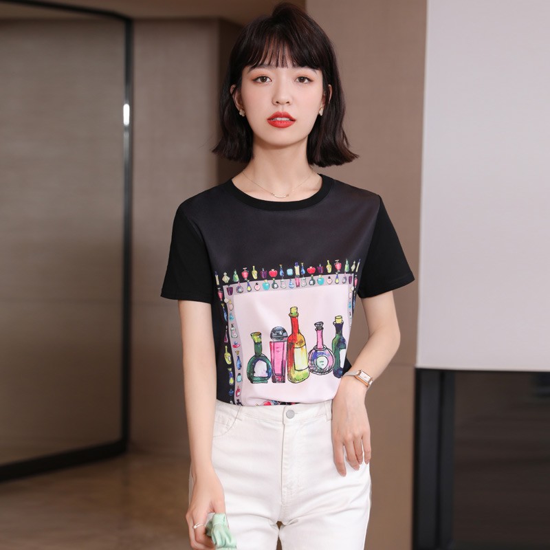 Light luxury foreign silk shirt printed short-sleeved T-shirt women's new loose thin round neck printed T temperament shirt