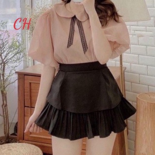 Chân váy xoè 2 tầng xếp ly cạp cao co dãn thời trang hè