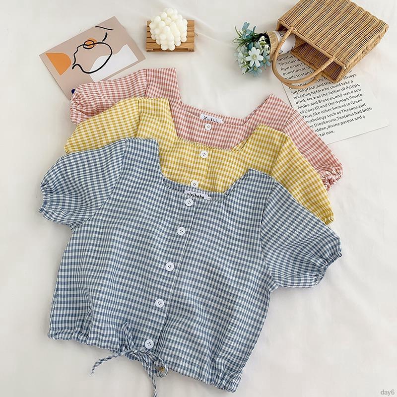 Áo nữ tay ngắn có họa tiết caro thời trang phong cách Hàn Quốc