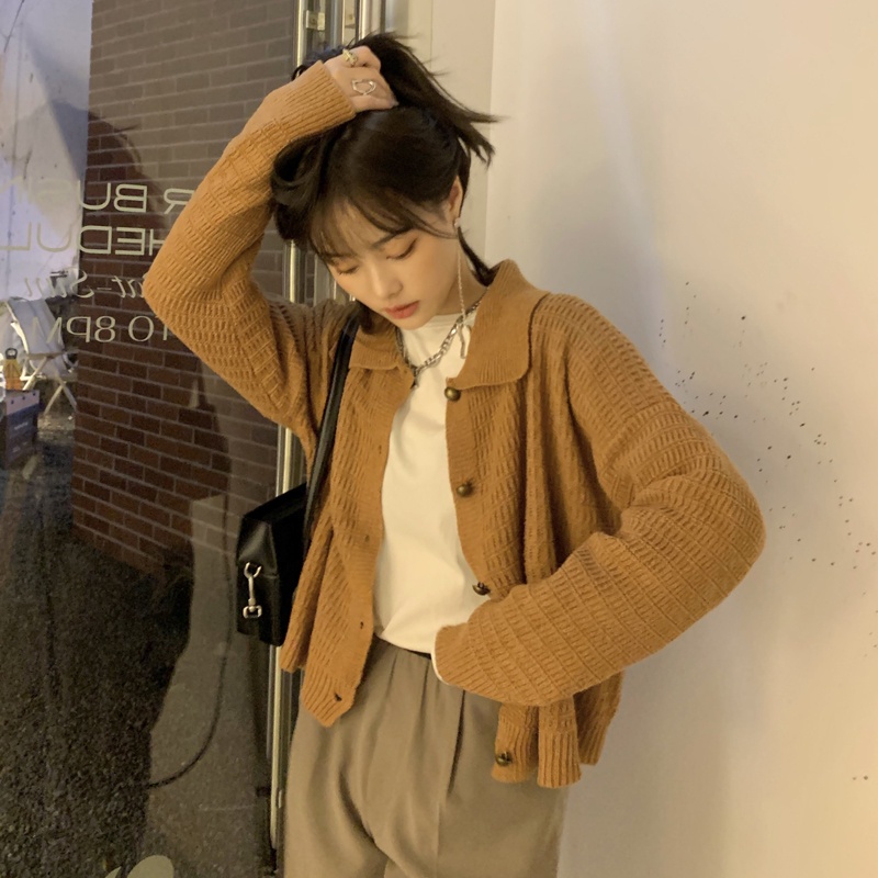 Áo khoác cardigan dệt kim phối hàng nút đơn tay dài cổ bẻ xinh xắn thời trang 46633