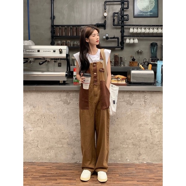 Quần yếm kaki unisex nam nữ dáng dài rộng màu nâu vintage phong cách Hàn quốc