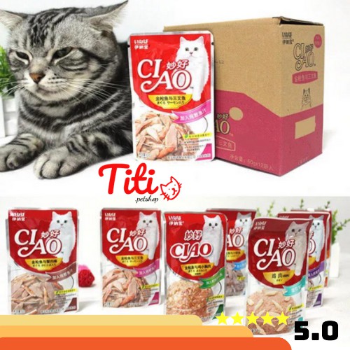 Thức ăn ướt cho mèo COMBO 12 GÓI  Pate CIAO Gói Nhuyễn 60gr, vị Cua,Sò,Gà,Cá Hồi,Cá Cơm Mix Vị Tổng Hợp_TITIPETS