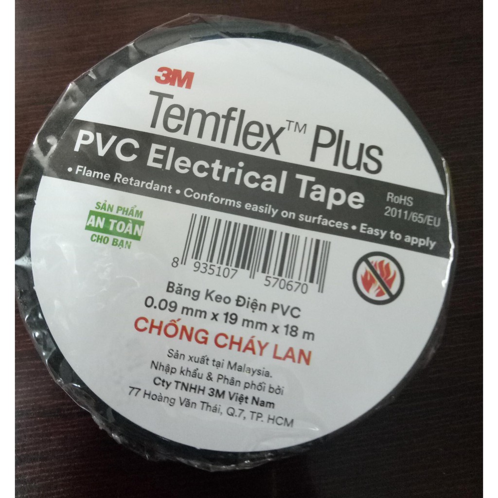 Băng keo cách điện chống cháy lan PVC TEMFLEX PLUS 3M 19mmx 18m, đen