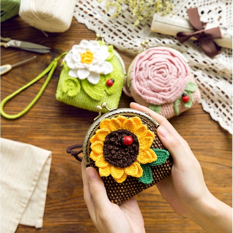 DIY gói nguyên liệu tự đan móc ví nữ cầm tay hoa amigurumi thủ công handmade quà tặng crochet thêu hoa vintage lenmade