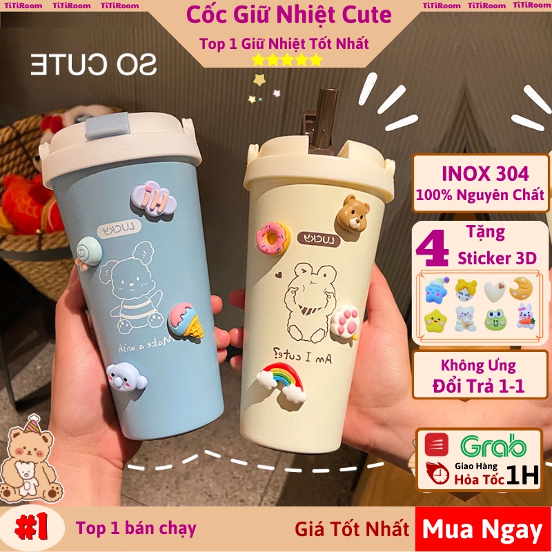 Ly Cốc giữ nhiệt bằng thép không gỉ Miniso inox 304 dung tích 500ml có ống hút dễ thương cute tặng kèm sticker + dây đeo