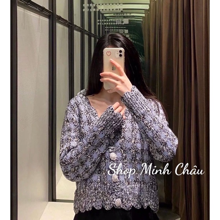 (Nguyên set) Set áo len kẻ xanh đính đá Zarraaa