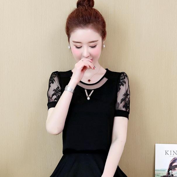 sơ mi tay phổi ren cổ tròn-sơ mi tay ngắn