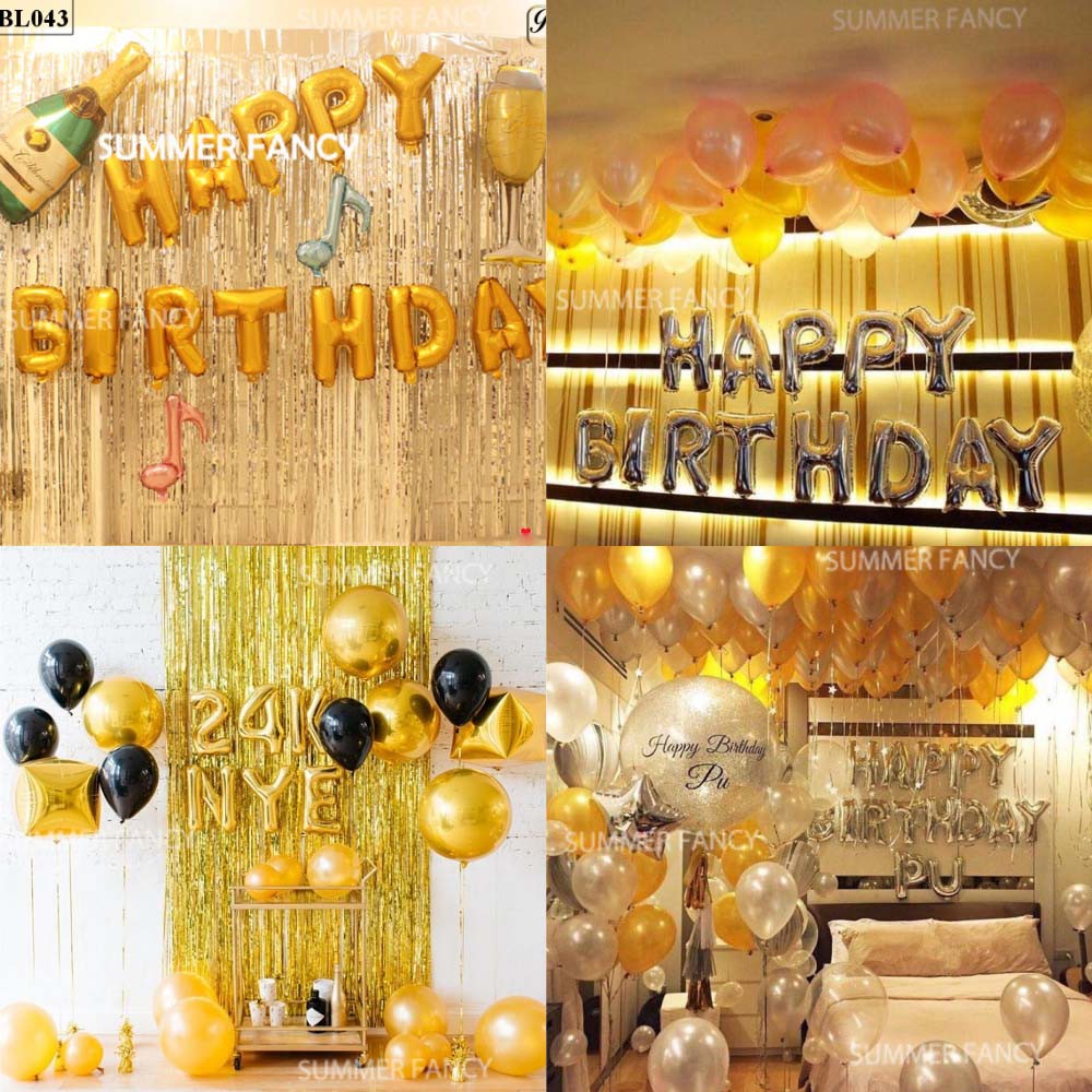 Set chữ Happy Birthday+ 2 rèm kim tuyến+ 50 bóng nhũ trang trí sinh nhật Tinsel Foil Fringe Curtain Happy birthday