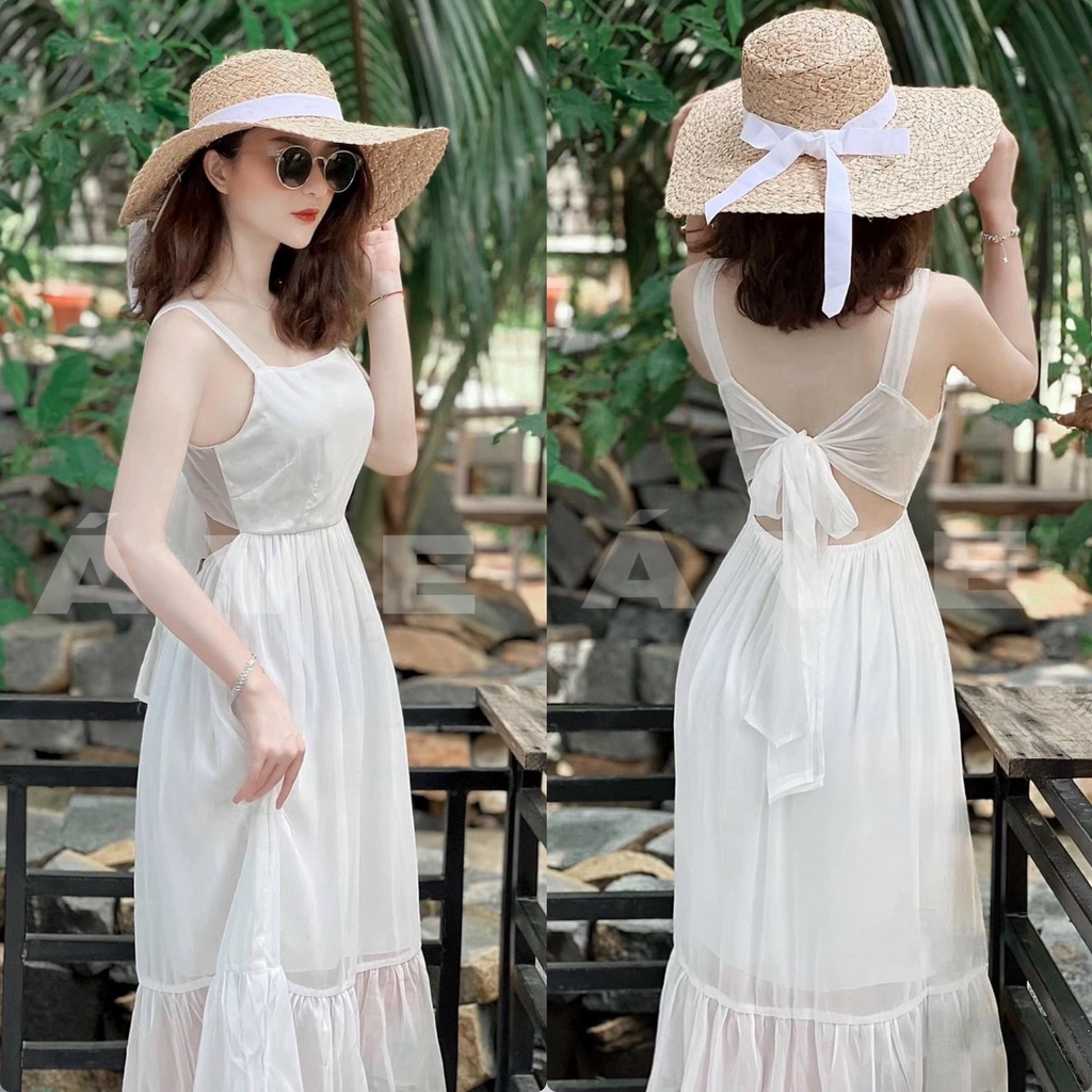 Đầm váy nữ trắng tinh khôi 2 lớp xinh thiết kế ( có mút ) họa tiết thắt nơ sau cực kì trẻ trung thích hợp đi biển