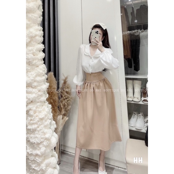 Set chân váy nâu * áo sơmi trắng