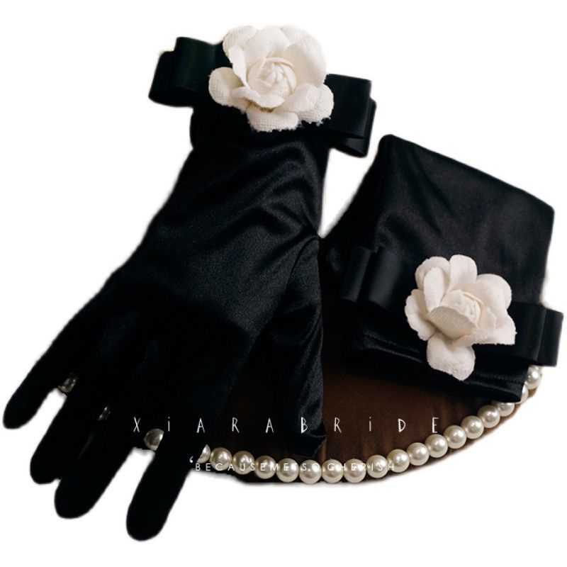 [Aishang Đẹp Phụ Kiện] Găng Tay Satin Màu Đen Phong Cách Hepburn Pháp Cho Cô Dâu Chụp Ảnh Cưới Xiaoxiang Ban