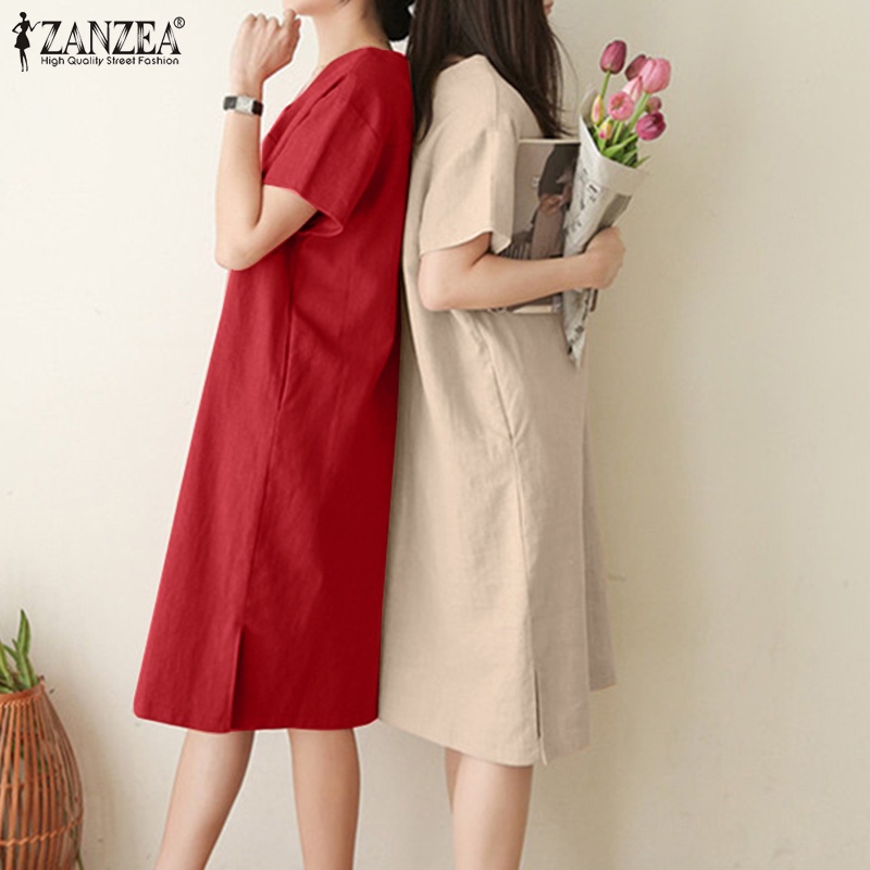 Đầm midi Zanzea tay ngắn cổ chữ v màu trơn phong cách vintage thời trang cho nữ