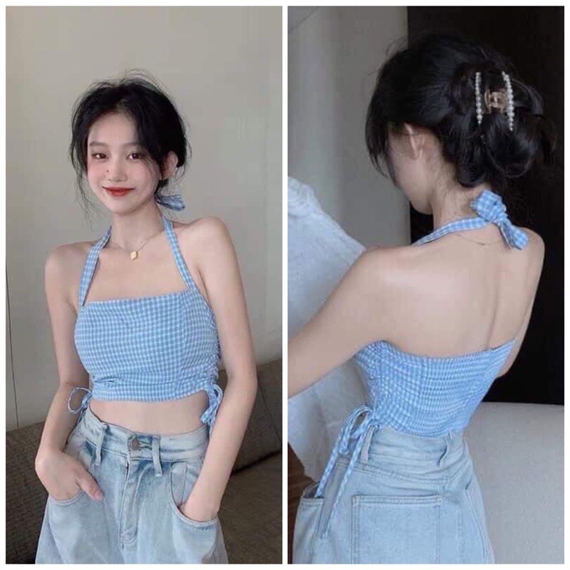 Áo croptop cổ yếm kẻ caro trẻ trung, áo yếm ulzzang